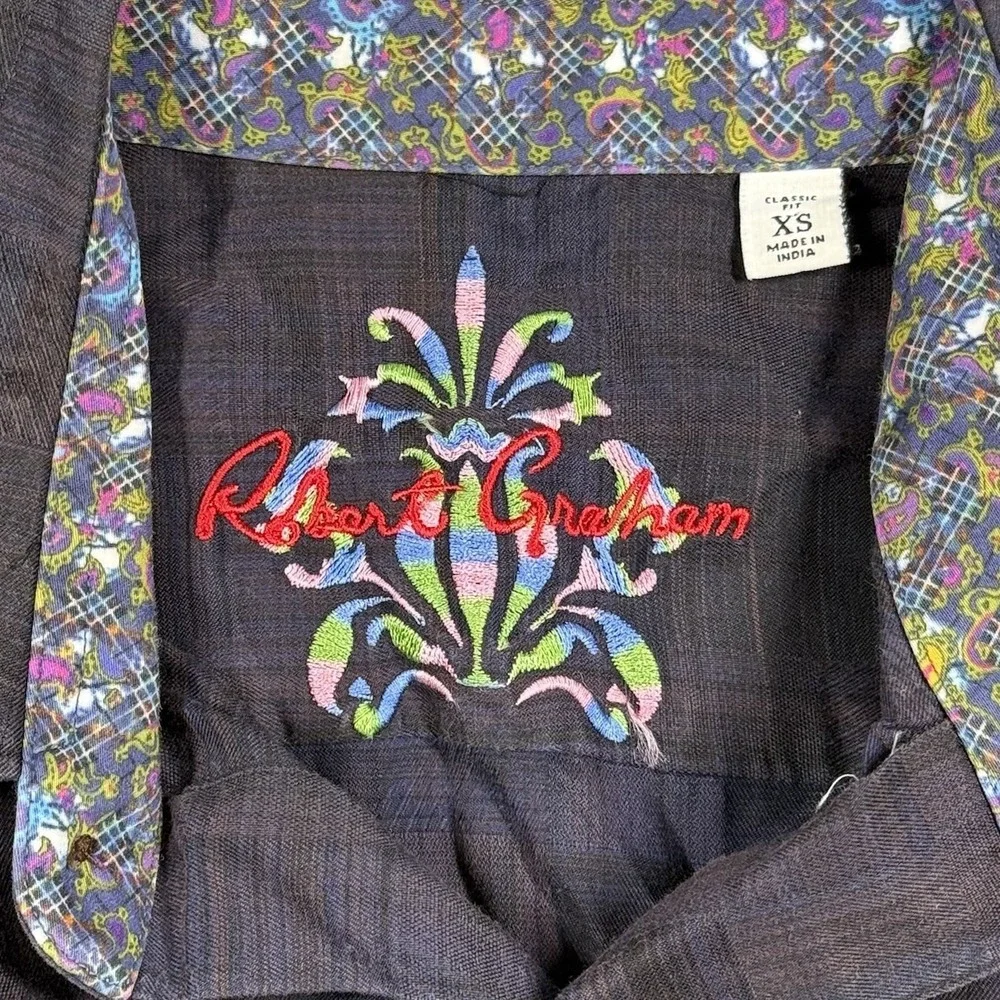 Robert Graham Shirt Mens XS Black Purple Plaid Classic Fit Embroidered Flip Cuff